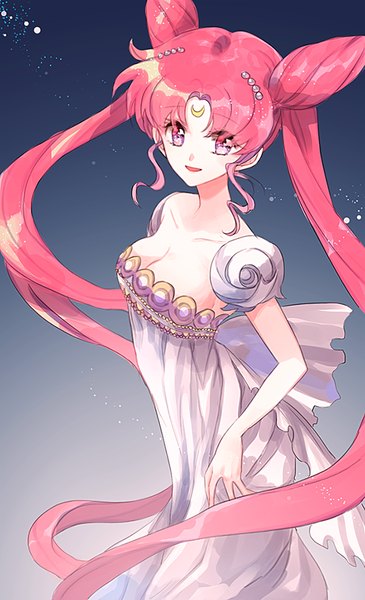 Anime picture 600x985 with bishoujo senshi sailor moon toei animation chibiusa princess usagi small lady small lady serenity ahma single tall image looking at viewer simple background smile purple eyes twintails pink hair very long hair parted lips hair bun (hair buns) facial mark dark background girl