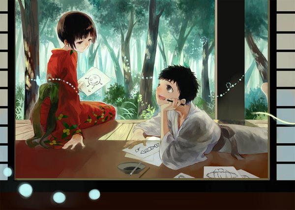 Anime picture 1366x974 with mushishi renzu (mushishi) shinra (mushishi) moekon short hair open mouth black hair brown hair traditional clothes japanese clothes black eyes looking down looking up on stomach drawing girl boy plant (plants) tree (trees) kimono