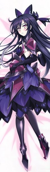 Anime picture 2236x7579 with date a live yatogami tooka single long hair tall image looking at viewer blush highres black hair purple eyes full body dakimakura (medium) girl dress gloves bow hair bow black gloves elbow gloves