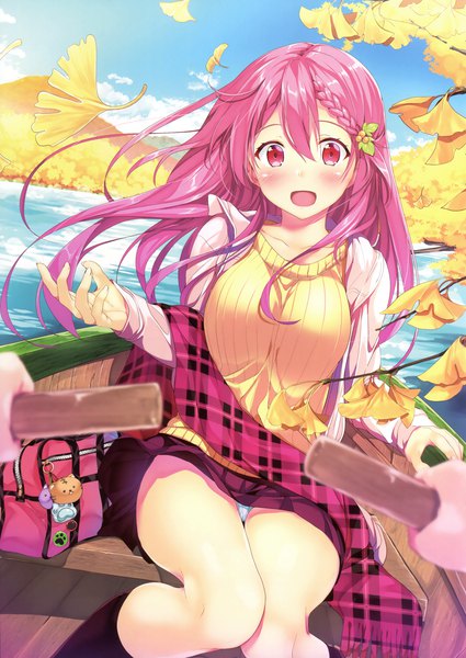 Anime picture 2773x3917 with original gintarou (kurousagi108) long hair tall image looking at viewer blush fringe highres breasts open mouth light erotic hair between eyes red eyes sitting pink hair outdoors :d scan pantyshot pantyshot sitting