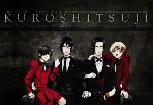 Anime picture 1100x754 with kuroshitsuji a-1 pictures sebastian michaelis ciel phantomhive alois trancy claude faustus looking at viewer short hair open mouth blue eyes black hair blonde hair smile red eyes sitting inscription multiple boys sitting on person butler sitting on lap