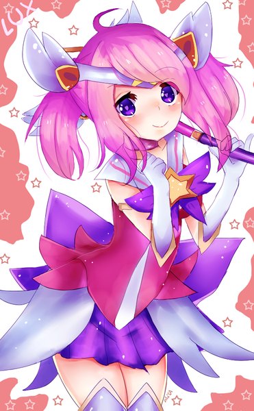 Anime picture 649x1050 with league of legends lux (league of legends) star guardian lux xxalisa tall image looking at viewer blush fringe smile twintails holding signed pink hair purple hair character names girl thighhighs gloves choker elbow gloves