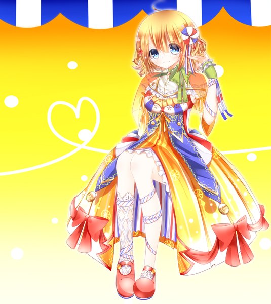 Anime picture 1517x1700 with original orangina fumufumu single tall image looking at viewer blush short hair blue eyes blonde hair smile full body heart of string flag print girl dress hair ornament bow socks shoes
