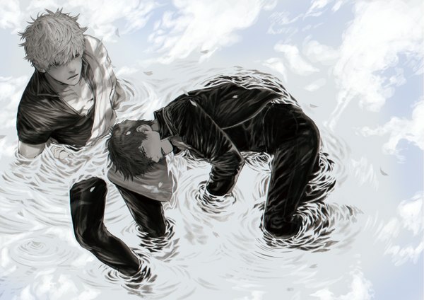 Anime picture 1300x920 with gintama sunrise (studio) sakata gintoki hijikata toshiro tagme (artist) short hair sitting sky white hair lying grey hair multiple boys monochrome reflection boy water 2 boys