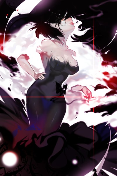 Anime picture 2340x3508 with original ohisashiburi single tall image highres short hair light erotic standing bare shoulders white hair multicolored hair pointy ears two-tone hair hand on hip smoke glow girl dress earrings black dress