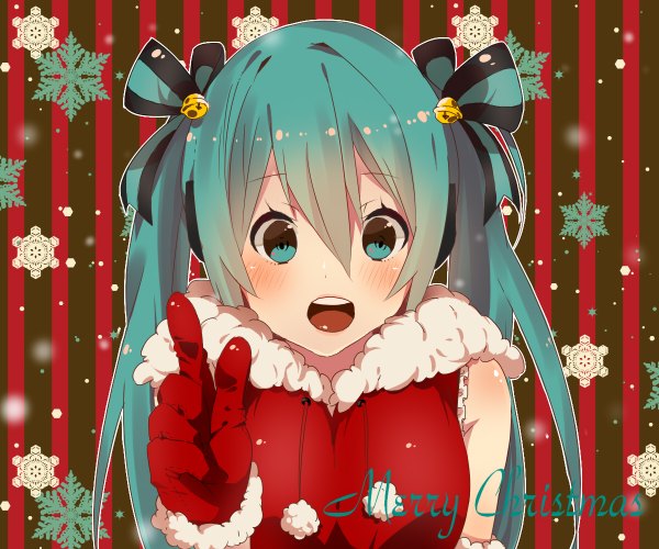 Anime picture 1200x1000 with vocaloid hatsune miku fullo2 long hair looking at viewer blush open mouth twintails aqua eyes aqua hair christmas pointing merry christmas girl gloves ribbon (ribbons) hair ribbon bell