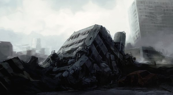Anime picture 2597x1430 with untilted70 highres wide image monochrome cityscape landscape ruins post-apocalyptic building (buildings)