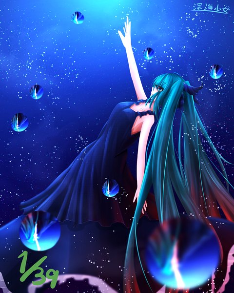 Anime picture 800x1000 with vocaloid shinkai shoujo (vocaloid) hatsune miku kakigouri tall image looking at viewer blue eyes twintails very long hair profile aqua hair underwater girl dress mask sundress bubble (bubbles)