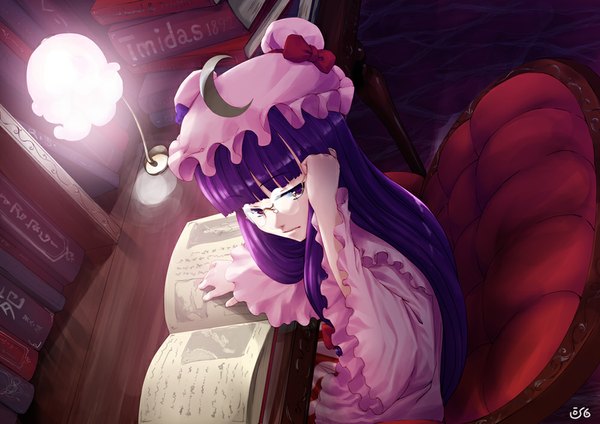 Anime picture 1000x707 with touhou patchouli knowledge gahaku single long hair yellow eyes purple hair crescent girl dress glasses book (books) bonnet