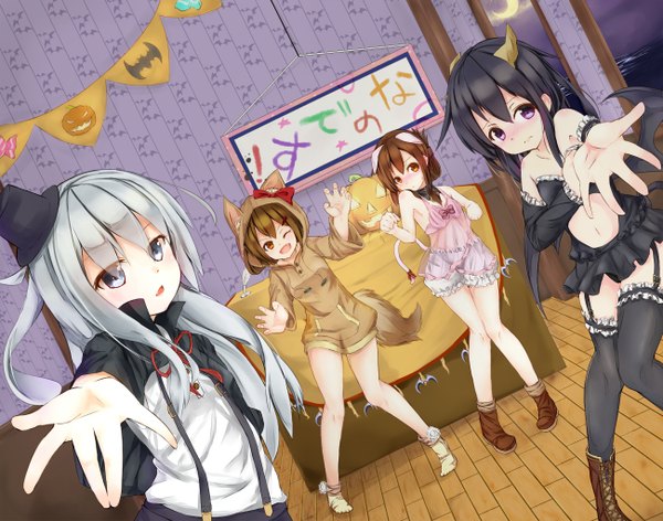 Anime picture 1300x1024 with kantai collection hibiki destroyer akatsuki destroyer inazuma destroyer ikazuchi destroyer boshi (taku37taku) long hair looking at viewer blush open mouth black hair brown hair purple eyes multiple girls brown eyes silver hair one eye closed horn (horns) wink halloween