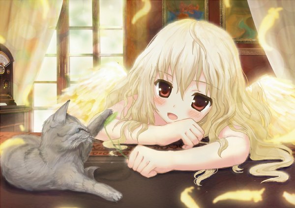 Anime picture 1053x744 with original akabane (zebrasmise) long hair blush open mouth blonde hair red eyes glowing wavy hair reclining girl animal wings window cat feather (feathers)