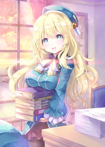 Anime picture 2976x4175 with kantai collection atago heavy cruiser ayuyanaka no hito single long hair tall image highres open mouth blue eyes blonde hair smile sky cloud (clouds) :d sunlight girl pantyhose window sea book (books)