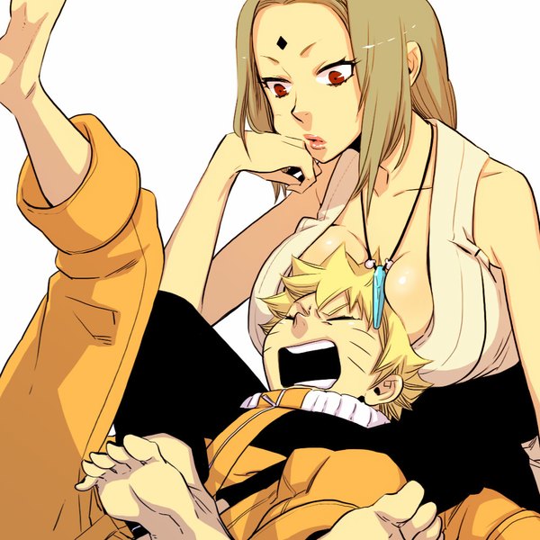 Anime picture 1000x1000 with naruto studio pierrot naruto (series) uzumaki naruto tsunade ifshim long hair breasts open mouth light erotic simple background blonde hair red eyes brown hair large breasts white background cleavage barefoot lips facial mark