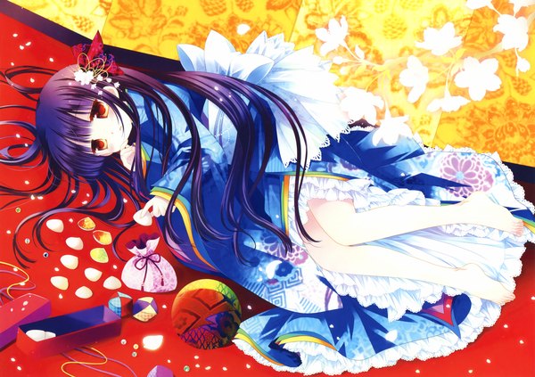 Anime picture 3300x2328 with original eshi 100-nin ten sakurazawa izumi single long hair looking at viewer blush highres open mouth absurdres purple hair traditional clothes japanese clothes barefoot hair flower scan orange eyes legs on side girl
