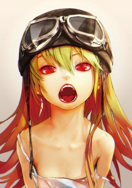 Anime picture 1124x1600 with bakemonogatari shaft (studio) monogatari (series) oshino shinobu redjuice single long hair tall image looking at viewer fringe open mouth simple background blonde hair red eyes bare shoulders teeth fang (fangs) close-up strap slip cat eyes