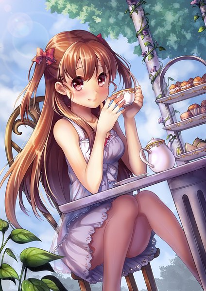 Anime picture 800x1132 with original p@nda single long hair tall image blush smile red eyes brown hair sitting two side up girl bow plant (plants) hair bow food sweets leaf (leaves) sundress cup