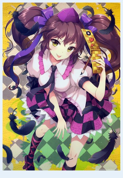 Anime picture 1423x2056 with touhou himekaidou hatate an2a single long hair tall image looking at viewer blush fringe smile brown hair twintails scan puffy sleeves checkered skirt girl skirt bow ribbon (ribbons) hair ribbon