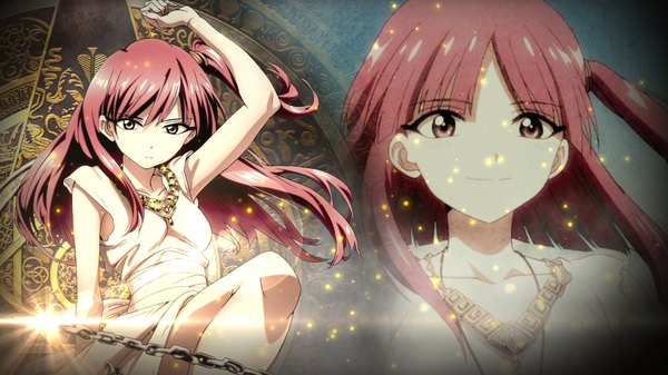 Anime picture 1920x1080 with magi the labyrinth of magic a-1 pictures morgiana single long hair highres brown hair wide image brown eyes red hair light smile zoom layer girl dress choker white dress chain jewelry fireflies