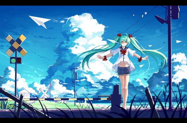 Anime picture 3507x2309 with vocaloid hatsune miku baisi shaonian single long hair highres twintails absurdres sky cloud (clouds) ahoge eyes closed wind aqua hair letterboxed spread arms scenic girl plant (plants) animal