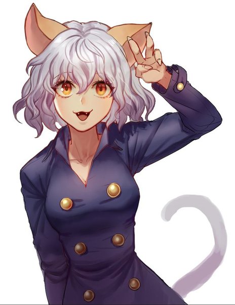 Anime picture 736x951 with hunter x hunter neferupito tagme (artist) single tall image looking at viewer fringe short hair open mouth simple background hair between eyes white background animal ears silver hair tail :d animal tail arm up fingernails cat ears
