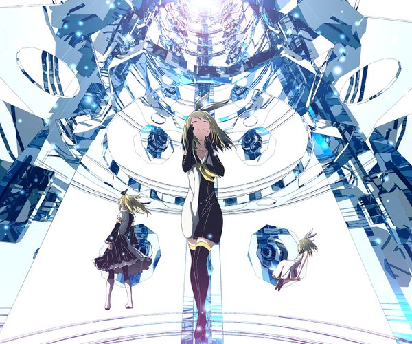 Anime picture 1500x1250 with vocaloid kagamine rin hazfirst long hair blonde hair twintails multiple girls eyes closed multiple persona girl dress skirt gloves hair ornament detached sleeves black gloves elbow gloves shoes boots 3 girls