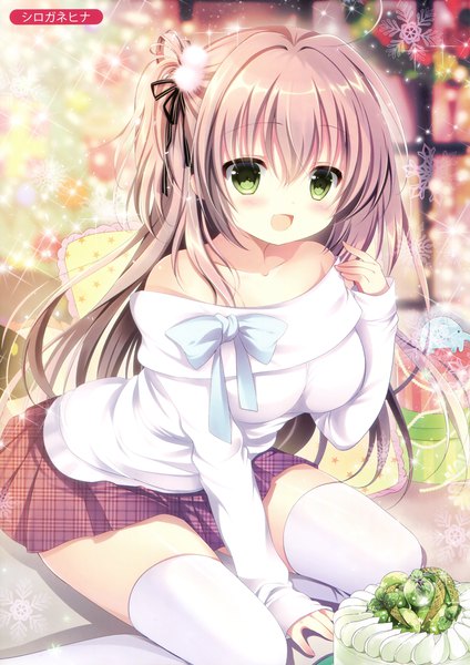 Anime picture 2405x3402 with melonbooks shirogane hina single long hair tall image looking at viewer blush fringe highres open mouth hair between eyes brown hair bare shoulders green eyes ahoge :d scan off shoulder sparkle one side up