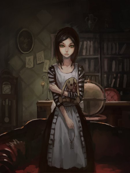 Anime picture 960x1280 with american mcgee's alice (game) alice: madness returns alice (american mcgee's) gjred single tall image looking at viewer black hair standing holding green eyes girl toy picture key globe