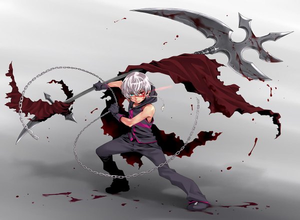 Anime picture 1266x929 with seikon no qwaser aleksander nikolaevich hell single short hair bare shoulders silver hair sleeveless heterochromia glowing glowing eye (eyes) boy gloves weapon blood chain scythe