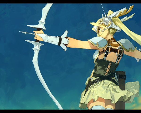 Anime picture 1280x1024 with original bob (biyonbiyon) single long hair blue eyes blonde hair smile looking away alternate costume alternate hairstyle girl thighhighs weapon white thighhighs bow (weapon) arrow (arrows) dagger