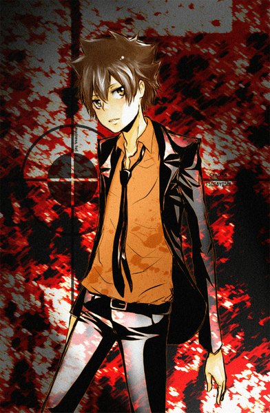 Anime picture 1000x1531 with katekyou hitman reborn sawada tsunayoshi madness hat single tall image looking at viewer blush short hair open mouth brown hair standing brown eyes open clothes open jacket open collar boy shirt necktie belt blood
