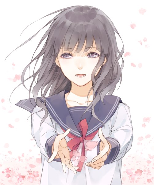 Anime picture 837x1000 with original yuki yanagi (toumeikurage) single long hair tall image fringe open mouth simple background white background purple eyes looking away wind grey hair outstretched arm outstretched hand girl uniform petals serafuku
