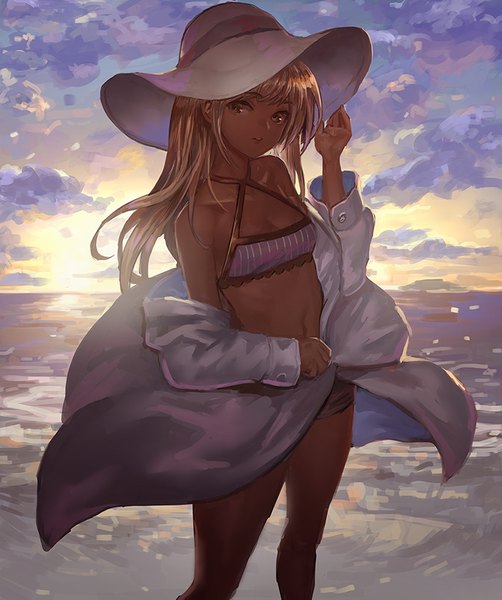 Anime picture 754x900 with original canking single long hair tall image looking at viewer breasts light erotic blonde hair standing brown eyes sky cloud (clouds) wind dark skin horizon adjusting hat swimsuit under clothes girl swimsuit