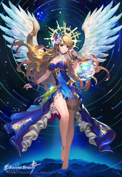 Anime picture 750x1083 with original tob single long hair tall image open mouth blonde hair green eyes girl dress hair ornament wings planet earth