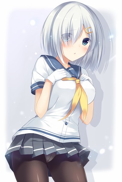 Anime picture 1355x2018 with kantai collection hamakaze destroyer tomoo (tomo) single tall image blush short hair blue eyes light erotic white hair pantyshot girl skirt gloves underwear panties pantyhose white gloves sailor suit