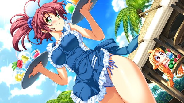 Anime picture 1024x576 with taiyou no promia taiyou no promia flowering days nina autumn promia looking at viewer blush short hair light erotic smile wide image green eyes game cg red hair swimsuit under clothes nearly naked apron girl swimsuit bikini food sweets