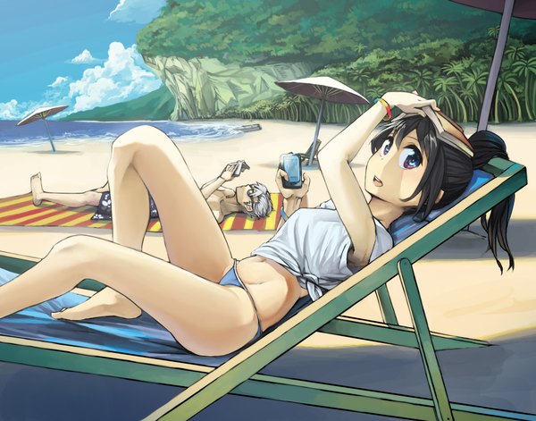 Anime picture 1400x1100 with original rai32019 looking at viewer open mouth light erotic black hair sky silver hair cloud (clouds) barefoot nude bare legs on back beach reading girl boy navel swimsuit plant (plants)