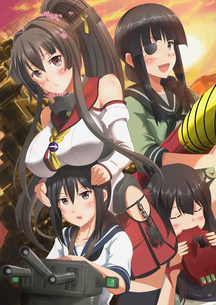 Anime picture 744x1052 with kantai collection yamato super battleship akagi aircraft carrier fubuki destroyer kitakami light cruiser ichikawa feesu long hair tall image blush short hair breasts black hair large breasts multiple girls brown eyes ponytail eyes closed black eyes girl weapon