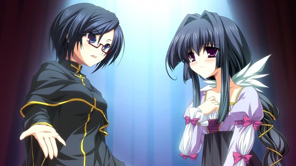 Anime picture 1024x576 with uni. special limited edition (game) long hair short hair blue eyes black hair wide image purple eyes multiple girls game cg girl 2 girls glasses