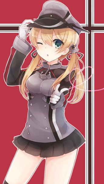Anime picture 680x1190 with kantai collection prinz eugen (kantai collection) riruno single long hair tall image looking at viewer open mouth blue eyes blonde hair twintails long sleeves one eye closed wink pointing at viewer girl thighhighs skirt gloves uniform