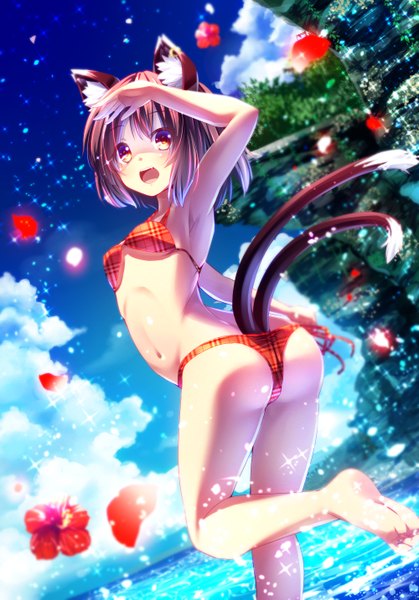 Anime picture 1000x1433 with touhou chen ryosios tall image short hair open mouth light erotic red eyes brown hair animal ears ass cat ears cat girl cat tail girl navel flower (flowers) swimsuit bikini petals