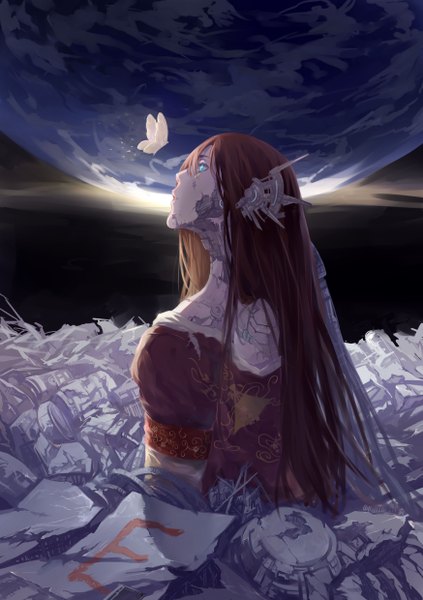 Anime picture 1748x2480 with original xinuo long hair tall image highres blue eyes brown hair looking away shadow facial mark looking up glow girl planet earth garbage