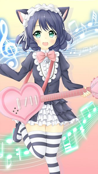 Anime picture 565x1000 with show by rock!! studio bones cyan (show by rock!!) strawberry heart tear yu single tall image looking at viewer blush short hair open mouth black hair smile green eyes animal ears cat ears girl thighhighs bell striped thighhighs
