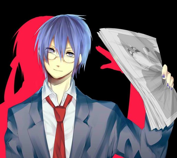 Anime picture 1024x914 with happy tree friends splendid (htf) single looking at viewer highres short hair open mouth blue eyes smile blue hair personification boy glasses necktie mask paper