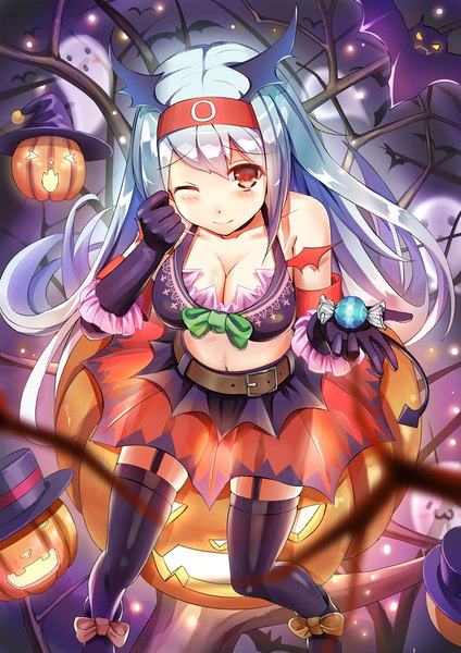 Anime picture 707x1000 with kantai collection shoukaku aircraft carrier qian wu atai single long hair tall image looking at viewer blush breasts light erotic red eyes large breasts bare shoulders cleavage silver hair one eye closed from above wink halloween ghost