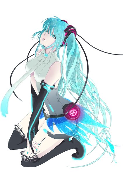 Anime picture 1181x1678 with vocaloid vocaloid append hatsune miku hatsune miku (append) mashibaya single tall image fringe light erotic simple background white background twintails very long hair nail polish aqua eyes fingernails aqua hair kneeling looking up pale skin