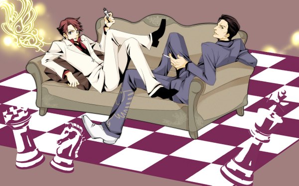 Anime picture 1226x765 with umineko no naku koro ni ushiromiya battler ushiromiya rudolf noritama (gozen) wide image checkered floor boy cigarette chess
