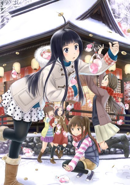 Anime picture 1190x1684 with original taka (tsmix) long hair tall image open mouth black hair smile brown hair brown eyes snow exhalation footprints girl thighhighs skirt black thighhighs pantyhose jacket boots scarf