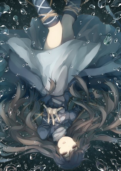 Anime picture 1000x1413 with touhou hijiri byakuren tare nu (usesase) single long hair tall image looking at viewer fringe open mouth brown hair purple eyes wavy hair underwater upside down girl dress bubble (bubbles)