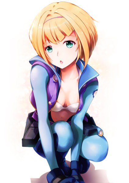 Anime picture 1000x1418 with heavy object j.c. staff milinda brantini mayonaka taruho single tall image looking at viewer fringe short hair breasts open mouth light erotic blonde hair simple background white background long sleeves aqua eyes open clothes leaning leaning forward