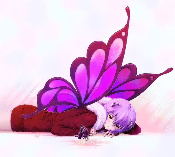 Anime picture 2500x2250 with neon genesis evangelion gainax ayanami rei single highres short hair simple background red eyes purple hair lying insect wings butterfly wings girl jacket insect butterfly